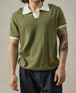 Two-Tone Johnny Collar Cotton Polo Shirt - White/Green