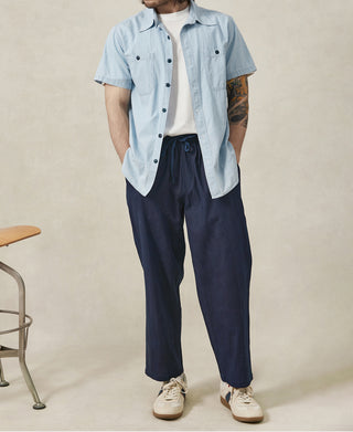 Indigo-Dye Loose Cotton and Linen-Blend Pants