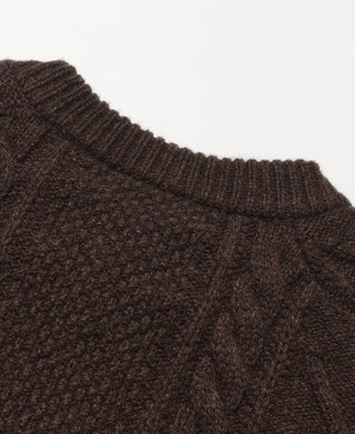 Cable Knit Round Collar Cardigan - Brown