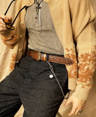 Western Tooled Leather Belt - Brown