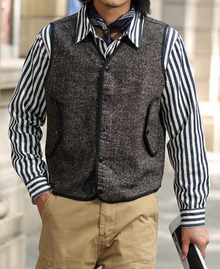 Tweed Herringbone V-Neck Vest - Brown