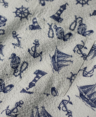 Nautical Printed Seersucker Short Sleeve Camp Shirt - Light Gray