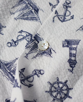 Nautical Printed Seersucker Short Sleeve Camp Shirt - White