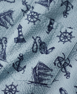 Nautical Printed Seersucker Short Sleeve Camp Shirt - Light Blue