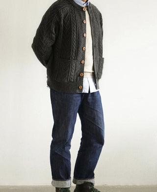 Cable Knit Round Collar Cardigan - Dark Gray