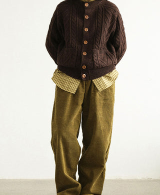 Cable Knit Round Collar Cardigan - Brown