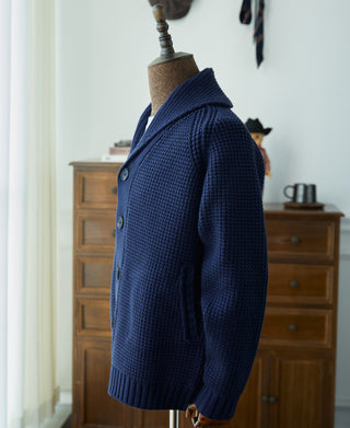 Shawl Collar Raglan Sleeve Wool Cardigan - Navy Blue