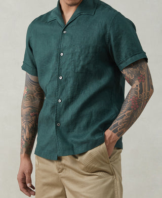 1950s Italian Collar Linen Shirt - Dark Green