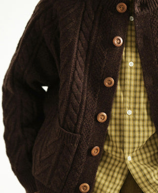 Cable Knit Round Collar Cardigan - Brown