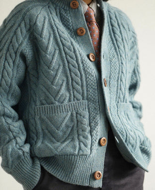 Cable Knit Round Collar Cardigan - Pale Blue