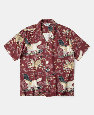 Ukiyo-e Tiger & Crane Pattern Aloha Shirt - Wine Red