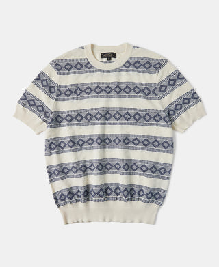 Diamond Pattern Jacquard Crew Neck T-Shirt - Blue/White