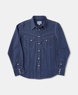 1950s Indigo Discharge-printed Wabash Stripe Western Shirt