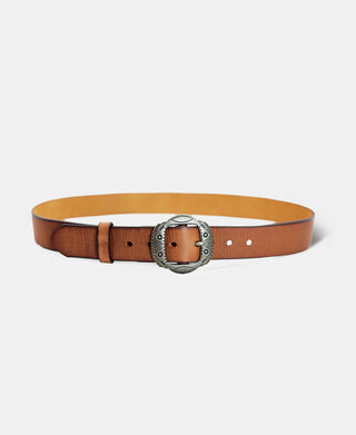 Arrow & Shield Pattern Brass Buckle Leather Belt - Light Brown