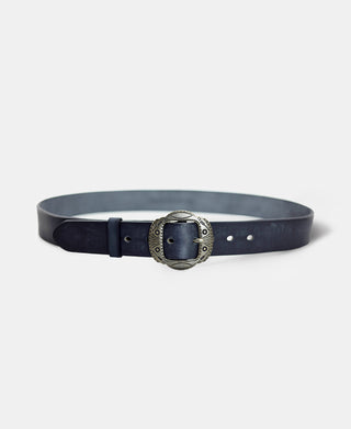 Arrow & Shield Pattern Brass Buckle Leather Belt - Black