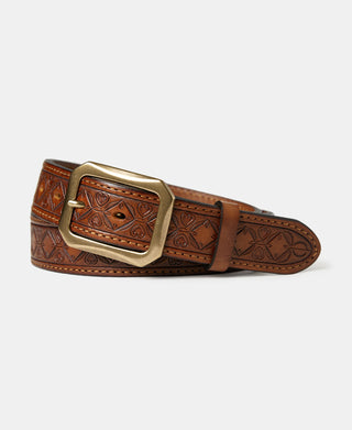 Western Tooled Leather Belt - Brown