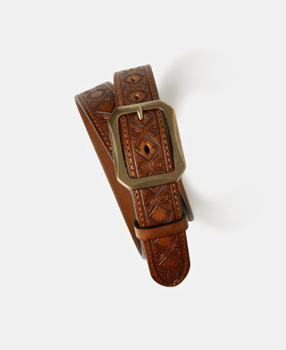 Western Tooled Leather Belt - Brown