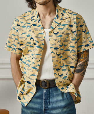 Marine Life Printed Seersucker Short Sleeve Camp Shirt - Light Yellow