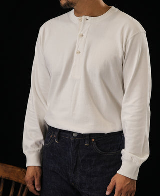 1930s 10.5 oz Cotton Loopwheel Tubular Henley Shirt - White