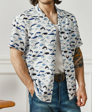 Marine Life Printed Seersucker Short Sleeve Camp Shirt - White