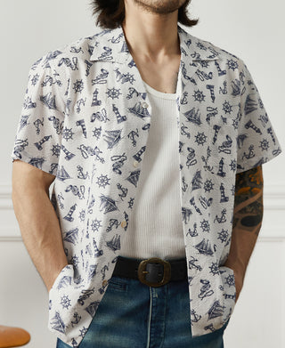 Nautical Printed Seersucker Short Sleeve Camp Shirt - White