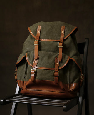 Cowhide Strap Parachute Canvas Rucksack - Olive