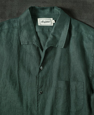 1950s Italian Collar Long-Sleeve Linen Shirt - Dark Green