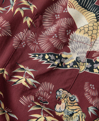 Ukiyo-e Tiger & Crane Pattern Aloha Shirt - Wine Red