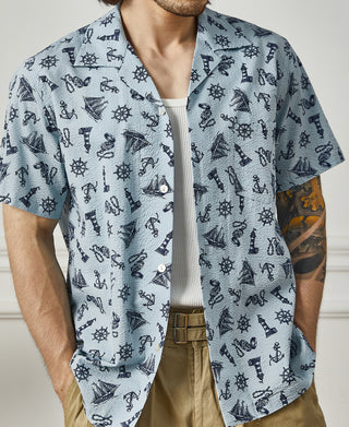 Nautical Printed Seersucker Short Sleeve Camp Shirt - Light Blue