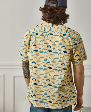 Marine Life Printed Seersucker Short Sleeve Camp Shirt - Light Yellow