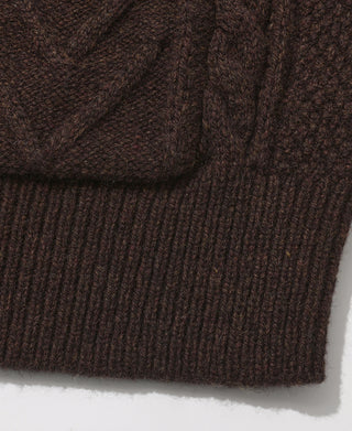 Cable Knit Round Collar Cardigan - Brown