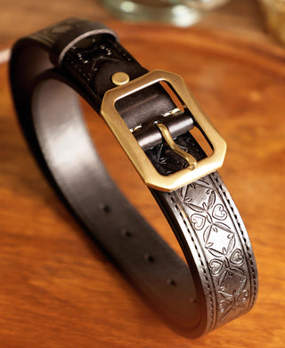 Western Tooled Leather Belt - Black