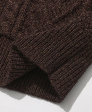 Cable Knit Round Collar Cardigan - Brown