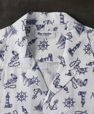 Nautical Printed Seersucker Short Sleeve Camp Shirt - White