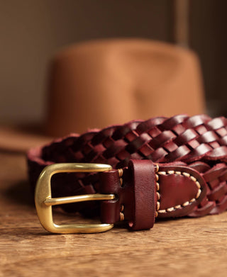 Braided Leather Belt - Burgundy