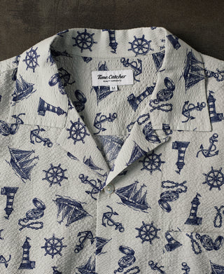 Nautical Printed Seersucker Short Sleeve Camp Shirt - Light Gray