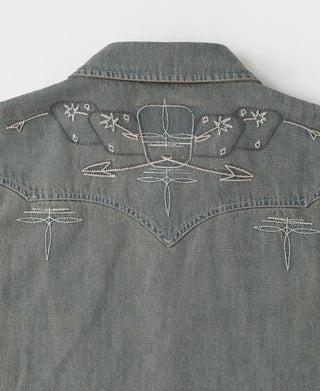 Faded Wash Western Embroidered Denim Shirt