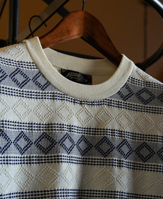 Diamond Pattern Jacquard Crew Neck T-Shirt - Blue/White