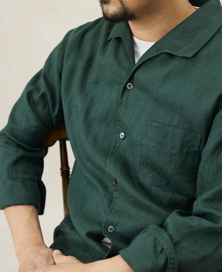 1950s Italian Collar Long-Sleeve Linen Shirt - Dark Green