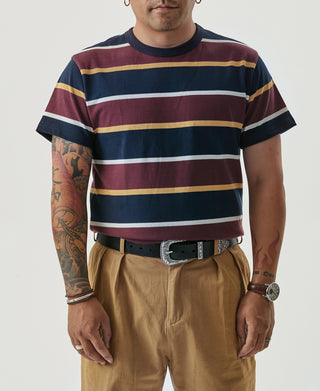 9.8 oz IVY Style Striped T-Shirt - Burgundy Red/Navy