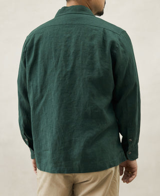 1950s Italian Collar Long-Sleeve Linen Shirt - Dark Green