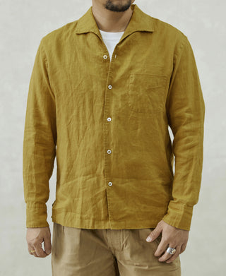 1950s Italian Collar Long-Sleeve Linen Shirt - Mustard