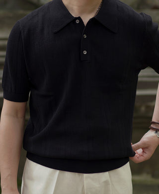 Retro Knitted Jacquard Polo Shirt - Black