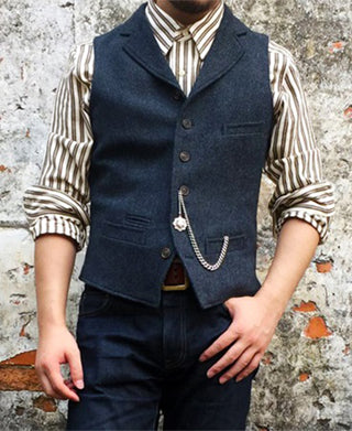 Navy Herringbone Tweed Lapel Vest